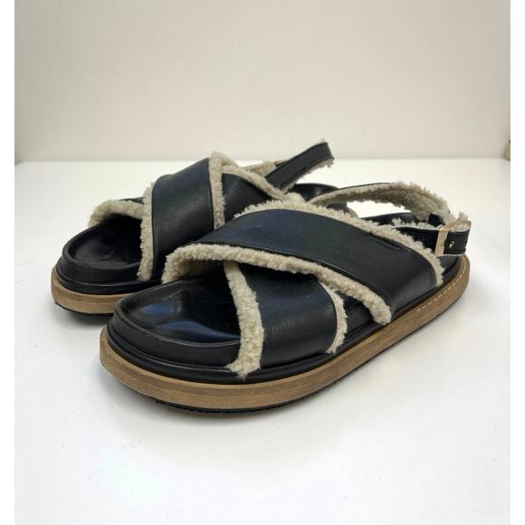 ALOHAS Marshmallow Black Leather Shearling Sling-Back Criss-Cross Sandal 39/US8 - Picture 1 of 12